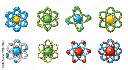 Colorful atomic structures a variety of stylized representations of atoms