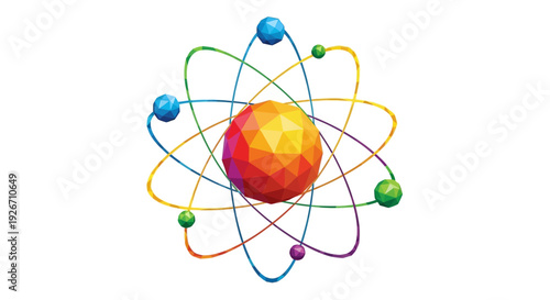 A colorful polygonal representation of an atomic structure in orbit