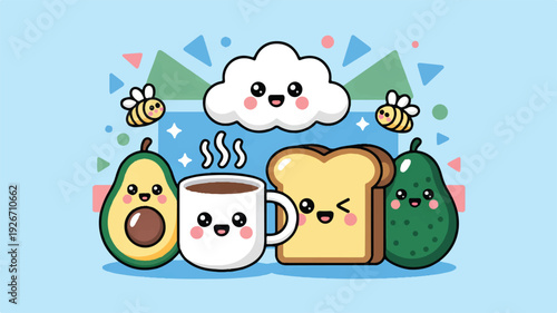 Cute cartoon food and drink items with smiling faces on light blue background