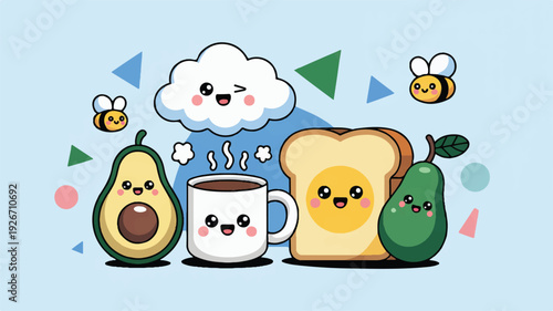 Cute cartoon food and drink with smiling faces on light blue background with shapes