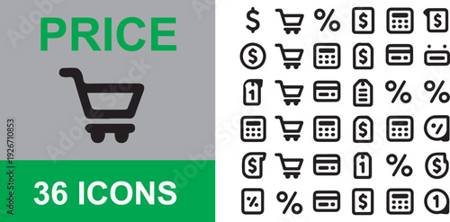 A professional set of vector shopping cart icons and web buttons featuring modern business symbols for online store design and internet market buy labels