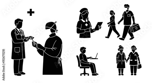 Healthcare Professionals and Medical Equipment Monochrome Vector Glyphs