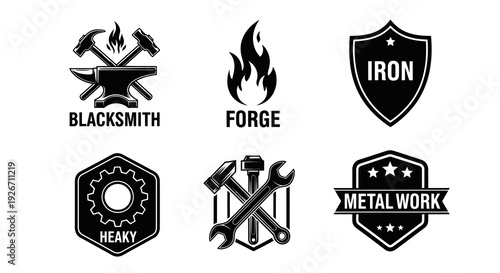 Blacksmith Metalwork Industrial Logos Set: Monochrome Glyph Emblems