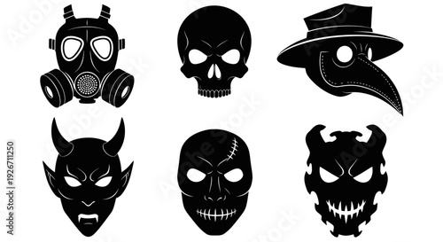 Dark Fantasy  Horror Masks Glyphs Set: Skull, Devil, Plague Doctor, Gas Mask Icons