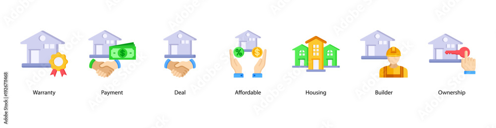 Naklejka premium Property Ownership and Management web banner icon vector illustration featuring Warranty, Payment, Deal, Affordable, Housing, Builder, and Ownership.