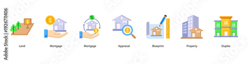 Property Development Process web banner icon vector illustration featuring Land, Mortgage, Appraisal, Blueprint, Property, and Duplex.