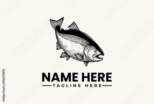 A black and white illustration of a fish with a logo and placeholder text on a beige background, featuring a vector-style pictogram and icon design.