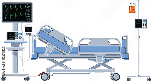 Professional Hospital Intensive Care Unit Bed with Advanced Medical Monitoring Equipment Vital Signs Display Patient Infusion Stand and Life Support Systems Vector Illustration
