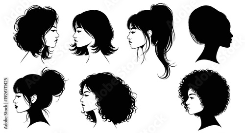 Black  White Line Art Silhouette: Diverse Female Hairstyles for Beauty  Fashion