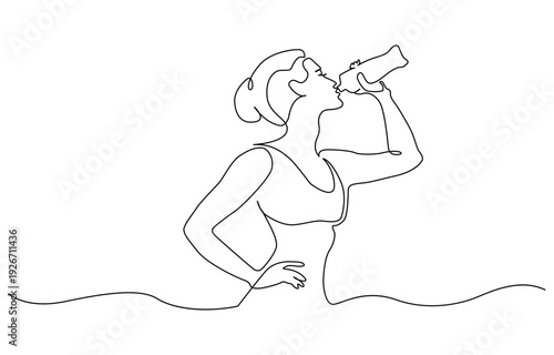 One continuous line drawing of a young woman drinking water from a bottle. Drinking after exercising activity illustration in simple linear style vector design concept. 