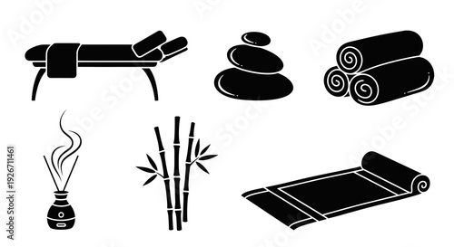 Spa Wellness Relaxation Black  White Glyph Icons Set - Massage, Yoga, Aromatherapy Elements