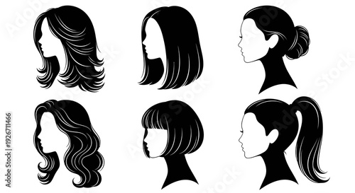 Beauty Fashion Hair Care: Black White Vector Icons of Women's Hairstyles Silhouettes