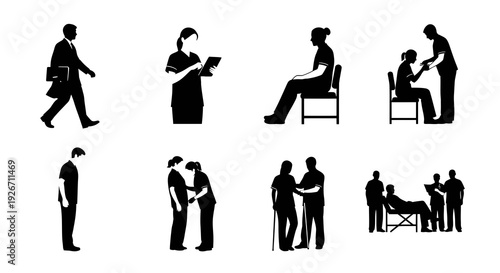 Medical Healthcare Patient Care Silhouettes Vector Icon Set - Black and White Glyphs