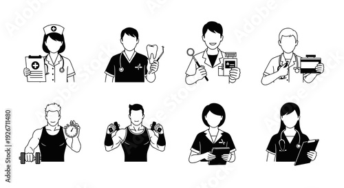 Medical and Fitness Professionals Line Art Icons Set - Healthcare and Wellness Glyphs