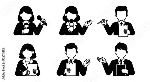 Black  White Glyph Icons: Media, Journalism  Communication Presenters Set