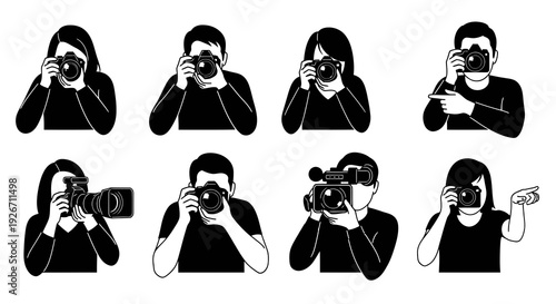 Photography and Videography Industry Icons: Black  White Glyph Set of Media Professionals