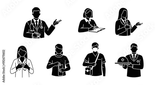 Healthcare Professionals Glyph Icons Set - Medical Staff Black  White Silhouettes