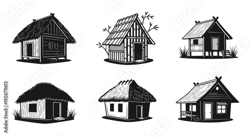 Traditional Huts and Tropical Houses Black  White Line Art Set for Culture  Travel Design