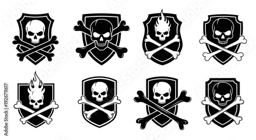 Danger Warning Skull and Crossbones Shield Emblems - Black  White Glyph Vector Set