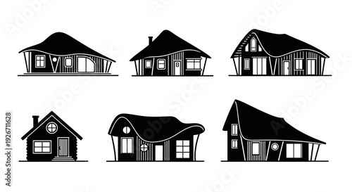 Architecture Housing Icon Set: Black  White Modern  Traditional Home Silhouettes