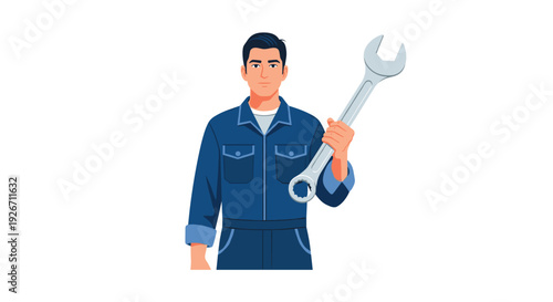 A male mechanic with black hair in a blue jumpsuit holds a large silver wrench in his hand on a white background.