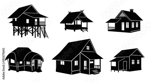 Building  Travel: Traditional House Silhouettes Vector Icon Set