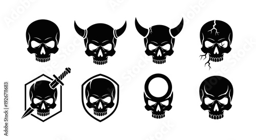 Stylized Black Skull Glyphs Vector Set for Gaming, Gothic, and Fantasy Designs