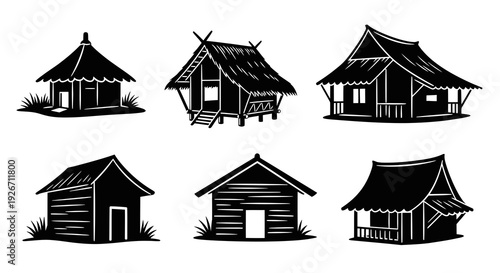 Architecture and Travel Traditional Huts Black and White Silhouette Glyph Icons Set