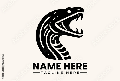 A black and white vector illustration of a snake's head with an open mouth on a beige background, featuring placeholder text for a logo or pictogram.