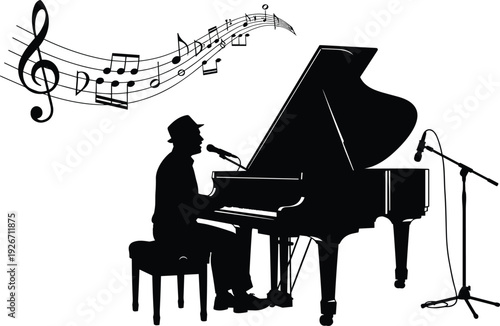 Silhouette of pianist playing grand piano with microphone and floating musical notes, live jazz performance concept, classical music concert illustration isolated on white background