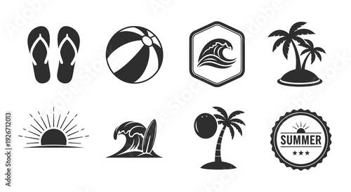 Summer Beach Vacation Icons Set - Black and White Glyph Silhouette Symbols