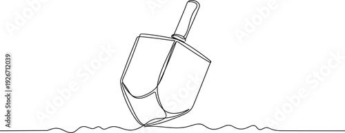 Line drawing of a shovel stuck in the ground near water on a transparent background with simple outlines and no detailed features or colors.