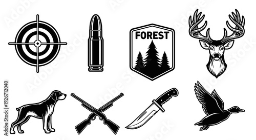 Hunting Industry Monochrome Illustration Icons Set with Deer, Guns, Dog and Forest Badge