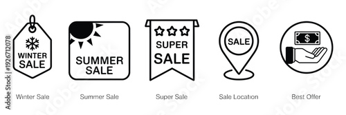 Set of 5 Offer and Sale Icons Featuring Winter Sale, Summer Sale, Super Sale Labels, Discount Tags, Promotional Badges, Retail Marketing Symbols, E Commerce Campaign Elements, Vector Illustration Coll