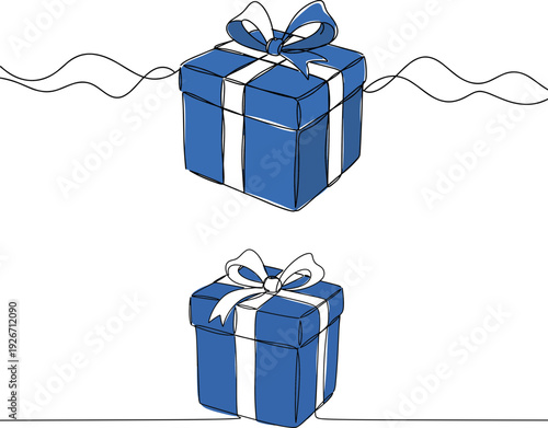 Line drawing of two blue gift boxes with white ribbons on a transparent background representing Hanukkah celebrations and festive gifting.