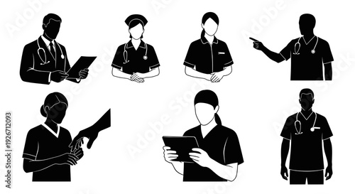 Healthcare Professionals Glyphs: Doctors  Nurses Black  White Silhouette Set