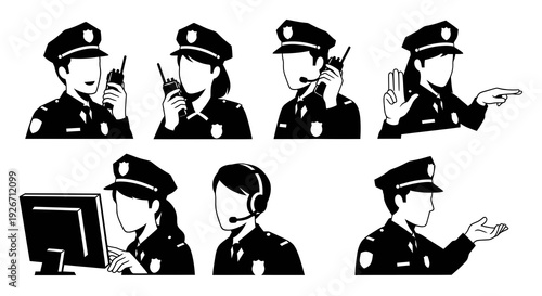Law Enforcement Police Officers Silhouette Vector Icons Set - Black and White Glyphs