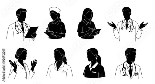 Medical Professionals Silhouette and Line Art Icons Set - Black and White Healthcare Staff