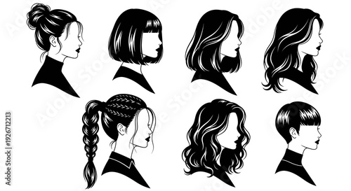 Beauty Fashion Women Hairstyles Black White Graphic Vector Set