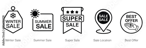 Set of 5 Offer and Sale Icons Featuring Winter Sale, Summer Sale, Super Sale Labels, Discount Tags, Promotional Badges, Retail Marketing Symbols, E Commerce Campaign Elements, Vector Illustration Coll