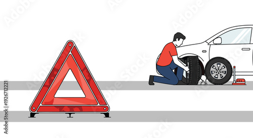 A man in a red shirt and blue trousers kneels to replace a flat tire on a white car parked behind a large red reflective emergency warning triangle on a gray road.