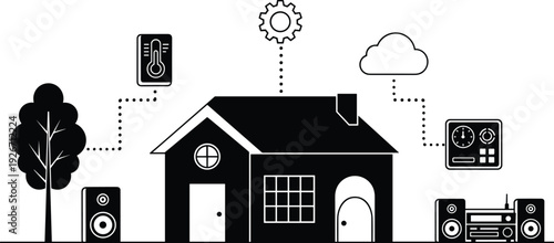 Smart home automation system illustration with connected IoT devices, climate control, cloud technology, audio speakers and modern house concept design for digital lifestyle security 