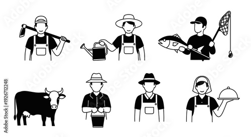 Farming, Fishing, and Food Industry Workers Glyph Icons Set