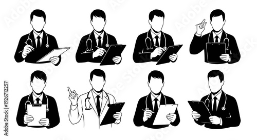 Medical Doctors Glyphs Set - Healthcare Professionals Silhouettes with Stethoscopes and Clipboards