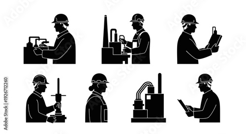 Industrial Workers Operating Machinery Black Silhouettes - Engineering  Manufacturing Icons