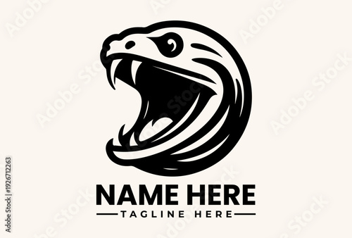 A black and white illustration of a snake's head with an open mouth, forming a logo with space for a name and tagline on a plain background.