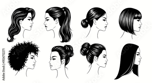 Beauty Industry: Diverse Female Hairstyles  Faces Vector Black  White Line Art