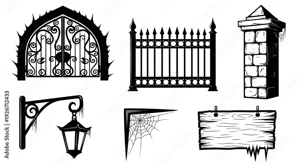 Fototapeta premium Black White Gothic Halloween Elements Vector Set: Spooky Gate, Fence, Lantern, Sign Spiderweb