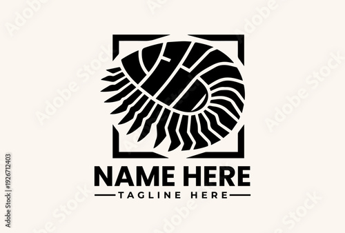 Black and white logo design featuring a nautilus shell within a square frame with placeholder text for a name and tagline on a plain background.
