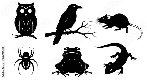 Nature Wildlife Glyph Animals Silhouettes - Spooky Owl, Crow, Rat, Frog, Spider, Lizard Vector Art
